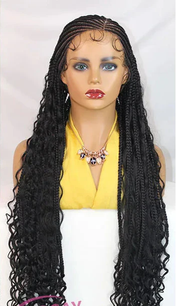 36" Cornrow Box Braids Wig with Curly Hair | Full Lace | Baby Hair