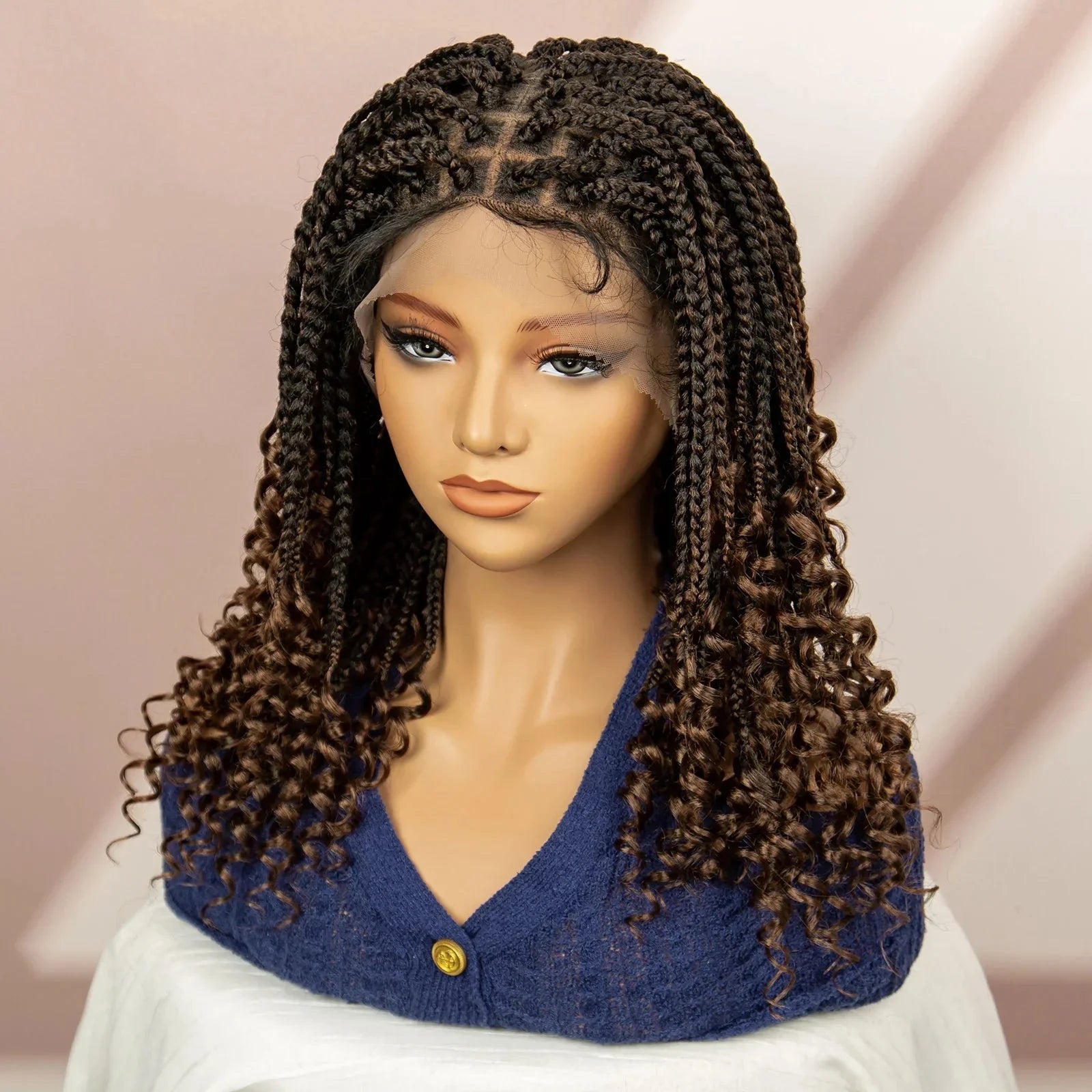 16" Short Brown Box Braided Full Lace Wig | Curly Ends | African Braids | Black Women
