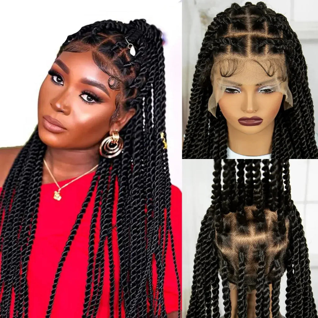 34" Knotless Box Twist 360° HD Full Lace Wig | Baby Hair | Twisted Braids | Black Women