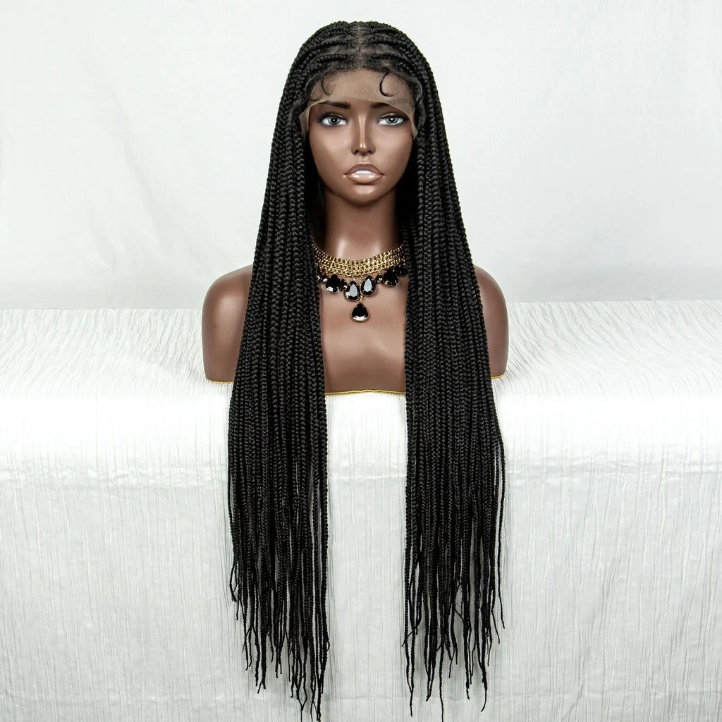 36" Full Lace Box Braided Cornrow Wig | Long Straight Braids | Baby Hair | Synthetic Afro Braiding Wig