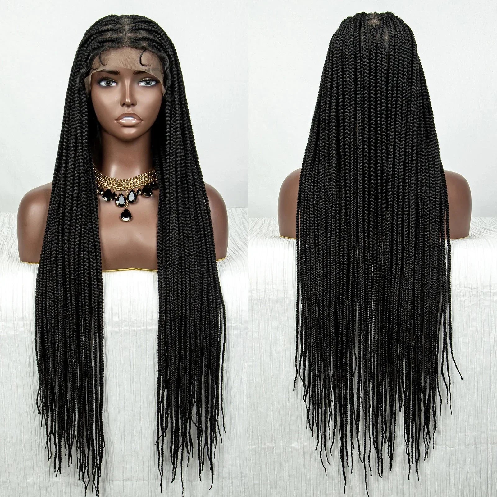 36" Full Lace Box Braided Cornrow Wig | Long Straight Braids | Baby Hair | Synthetic Afro Braiding Wig