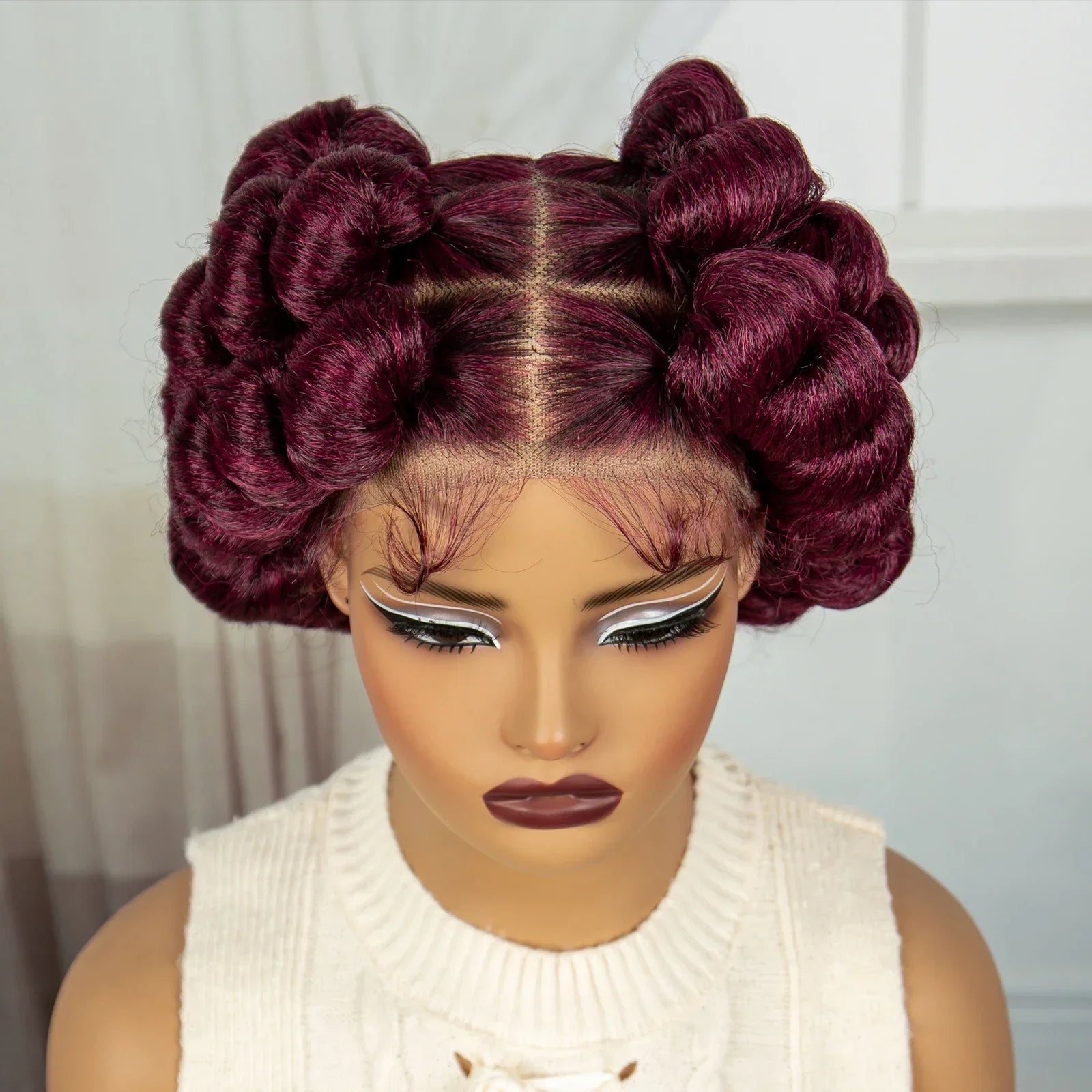 6" Short Cute Burgundy Bantu Knotless Braids Wig | Transparent Full Lace