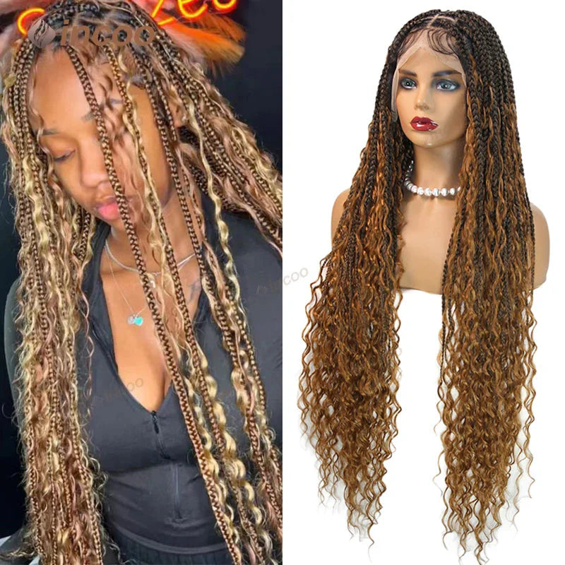 36" Boho Curly Box Braided Lace Wig | Knotless Cornrows | Synthetic Braids for Black Women