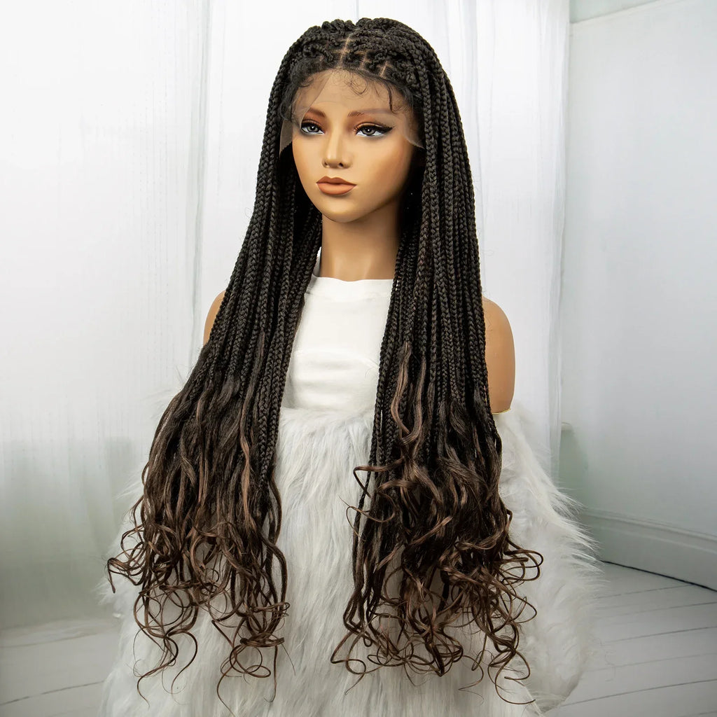 36" Knotless Braids Wig with Curly Ends | Lace Front | Synthetic Hair | Black Women