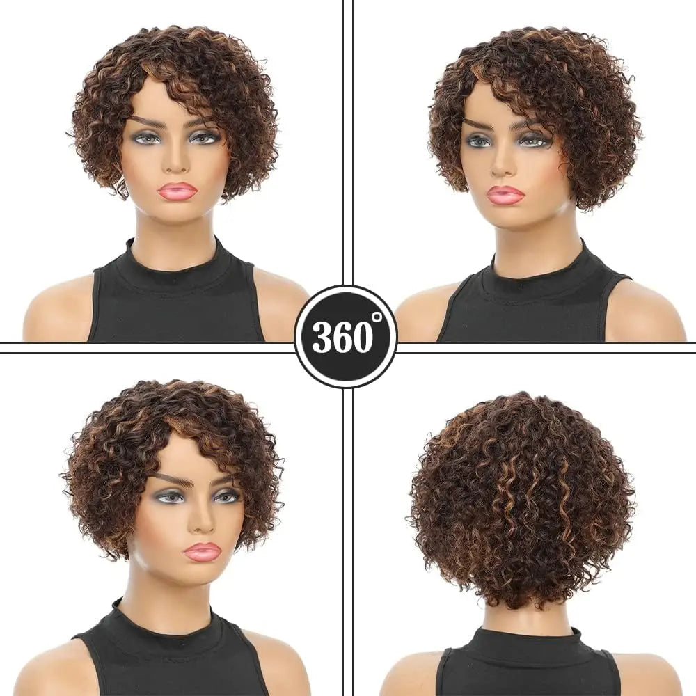 8-Inch Bouncy Curly Pixie Cut Wig | Side Part Brazilian Human Hair