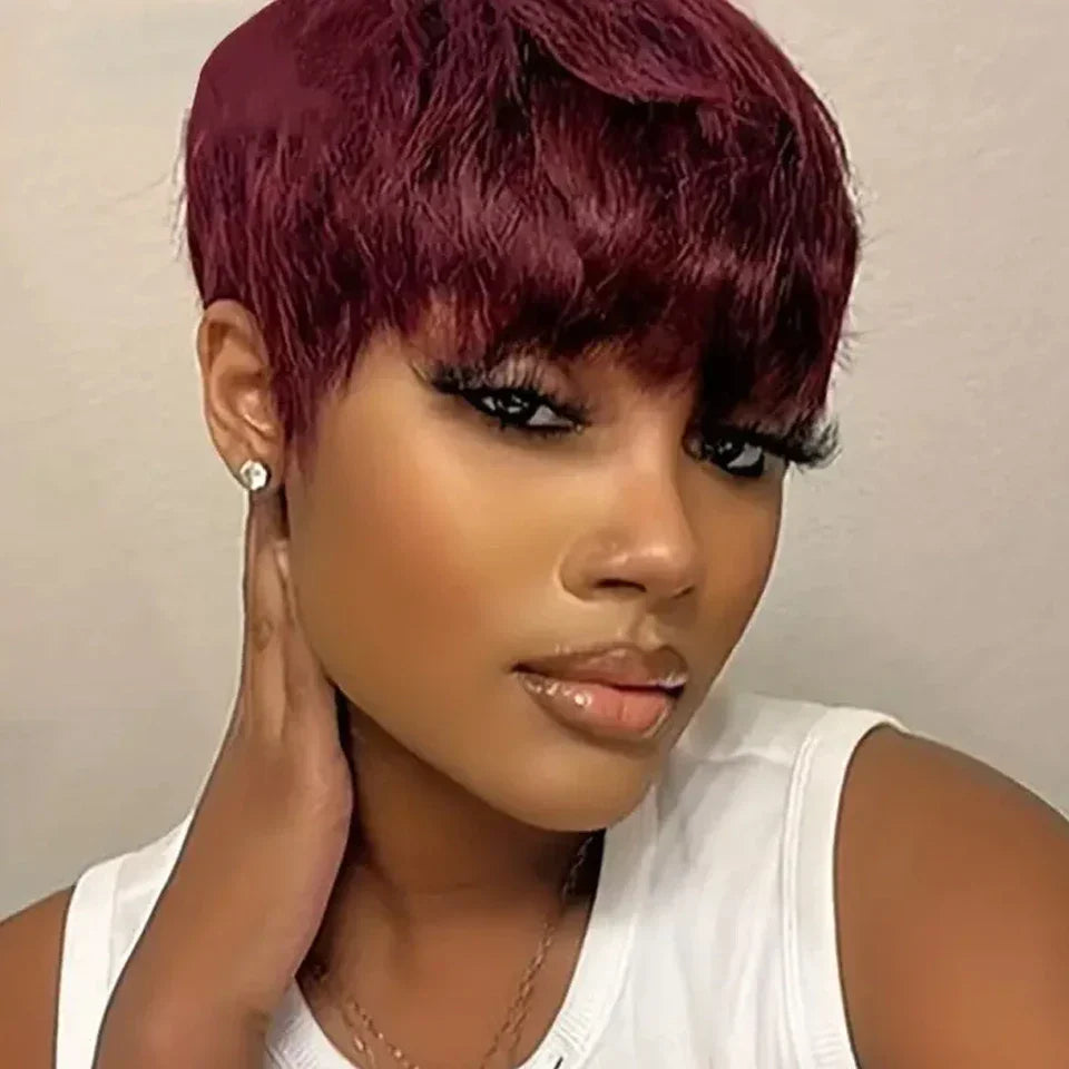 99J Burgundy Red Straight Bob Pixie Human Hair Wig with Bangs | Brazilian Remy Hair for Women