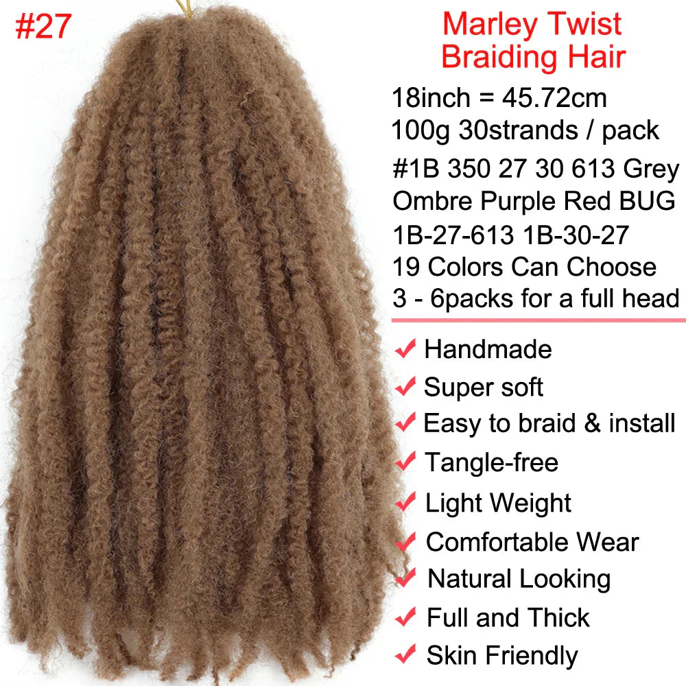 18" Marley Twist Braiding Hair | Crochet Braids | Afro Twist Kinky Hair Extensions | Ombre Colors | 30 Strands/Pack