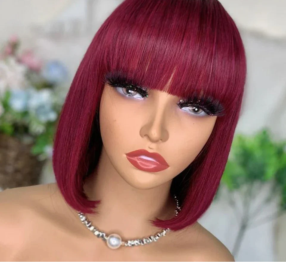 180D Orange/Ginger & Blonde Straight Human Hair Bob Wig with Bangs | Full Machine Made Remy for Women (P4/30, 613, 99J, T1B/27)