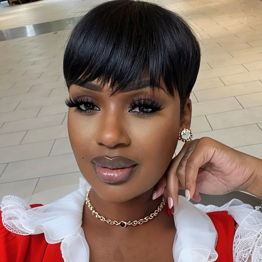 100% Human Hair Straight Short Pixie Cut Wig with Bangs | Tangle-Free Full Machine Made for Women (Natural Hairline)