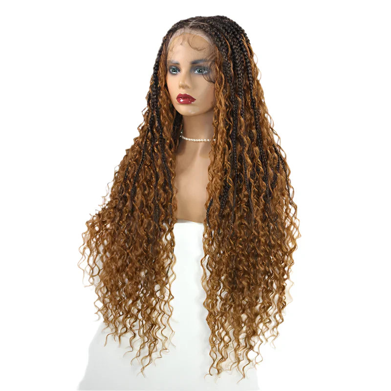 32" Box Braided Wig with Boho Curls - Knotless Braids, Cornrow Style, Lace Front Wig for Black Women (Natural Black)