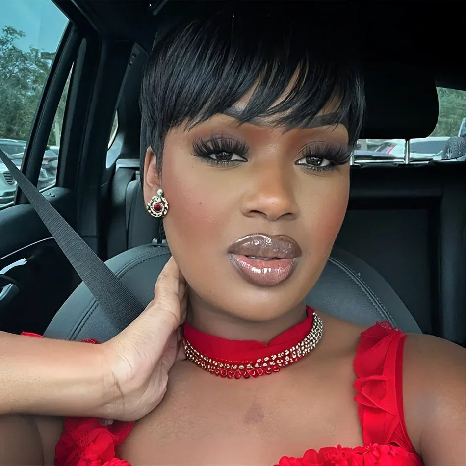 100% Human Hair Straight Short Pixie Cut Wig with Bangs | Tangle-Free Full Machine Made for Women (Natural Hairline)