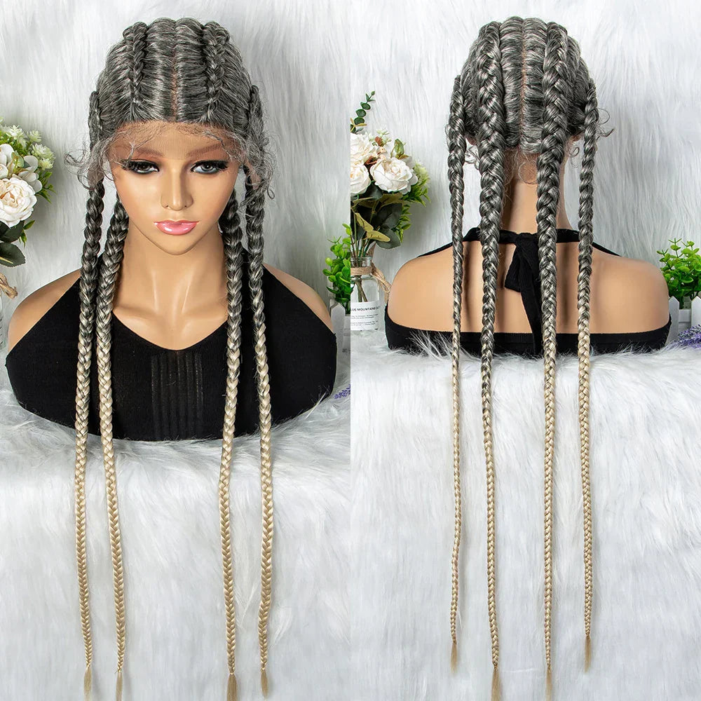 36" 27/613 Blonde Cornrow Braided Wig | Lace Frontal Box Braids | Synthetic Wig with Baby Hair for Black Women