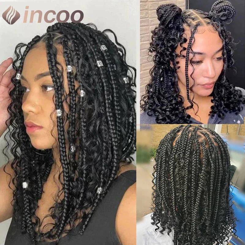 12" Boho Bob Braided Wig | Goddess Knotless Braids | 360 Full Lace | Curly Ends | Baby Hair