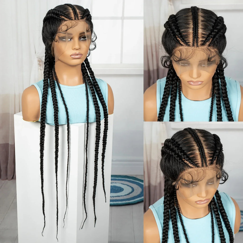 36" Full Lace Cornrow Braided Wig | Knotless Braids | Synthetic Natural Braided Lace Wig with Baby Hair for Black Women