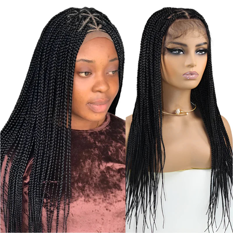 26" Triangle Box Braids Wig | Cornrow Accents | Knotless Braids | Lace Frontal | Synthetic Hair | Black Women