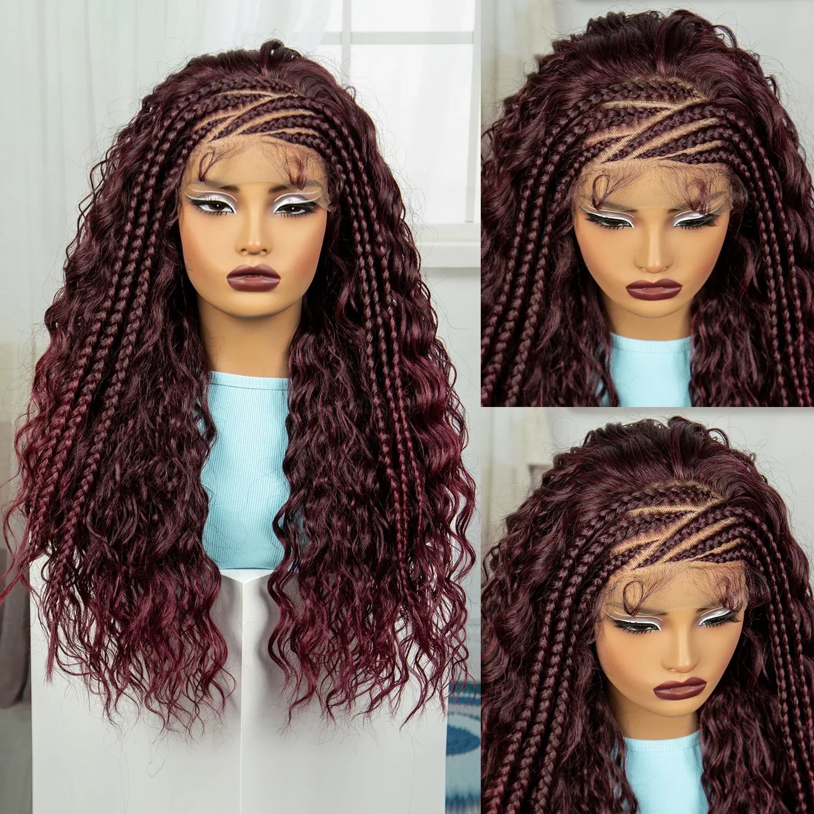 26" Water Wave Knotless Box Braided Wig with Baby Hair | Synthetic Lace Braided Wig for Black Women | 4-30 Ombre