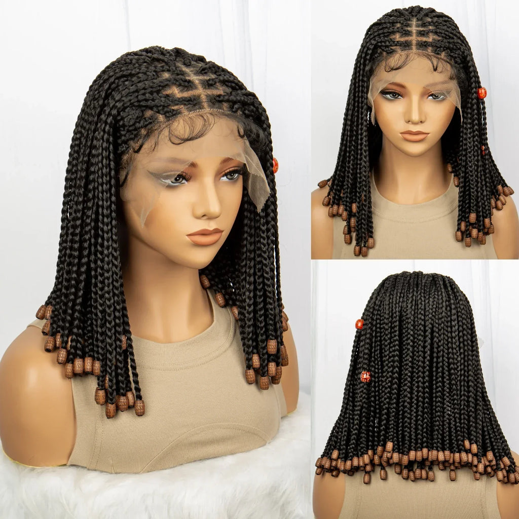 14" Short Bob Box Braided Wig with Beads | Knotless Braids | Synthetic Lace Front Wig | Baby Hair
