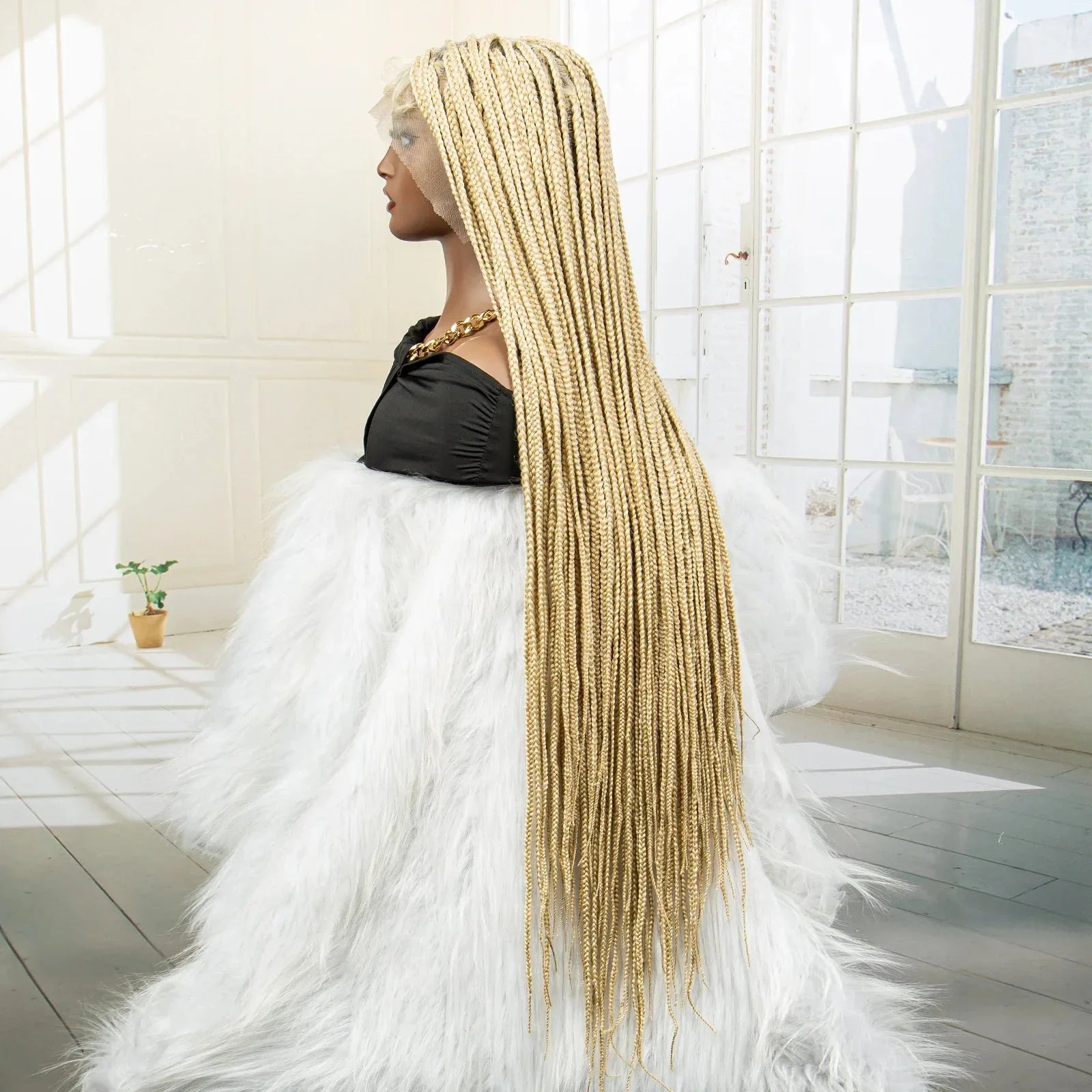 36" 613 Full Lace Knotless Box Braided Wig | Transparent HD Lace | Baby Hair | Synthetic Wig for Black Women