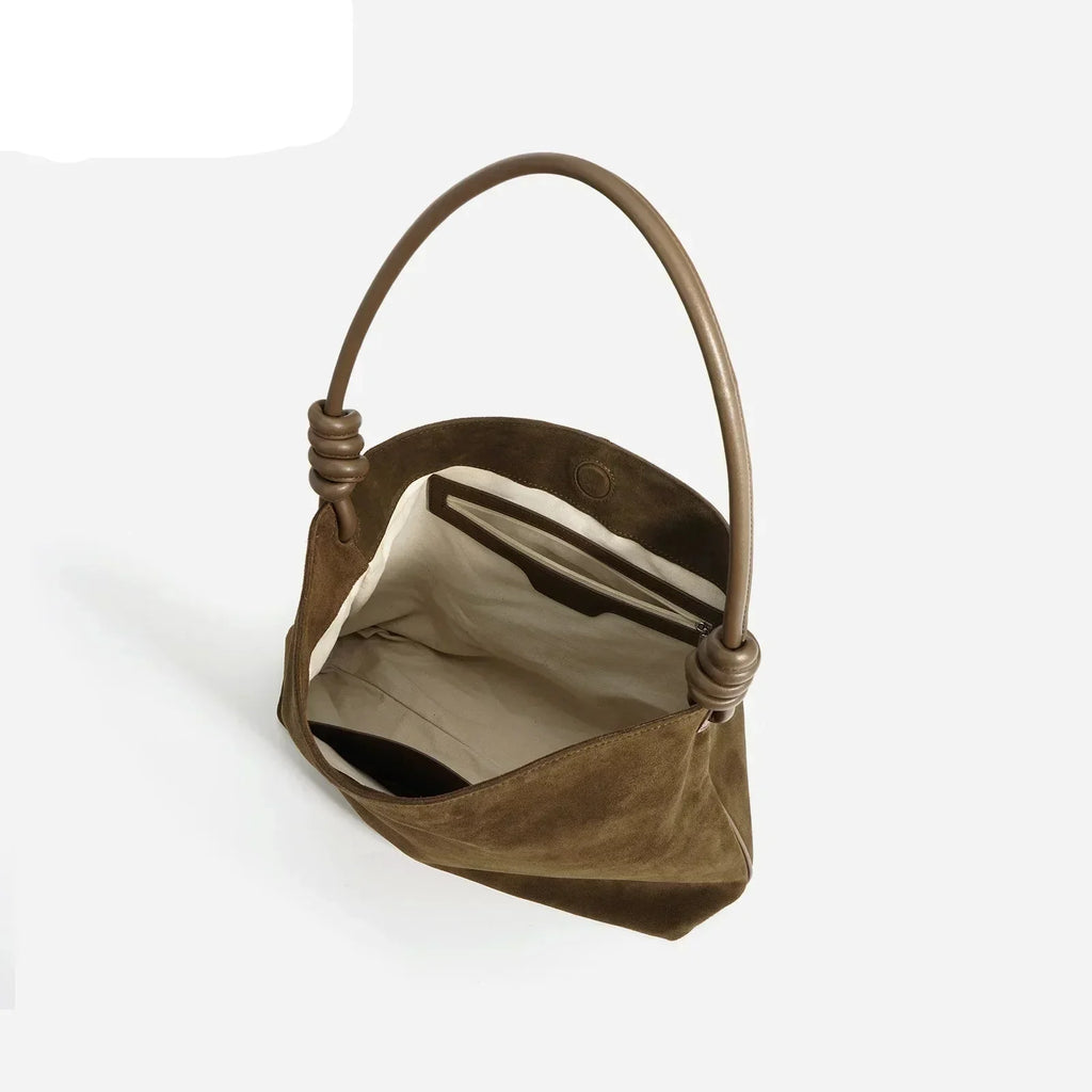 All-Match Chamois Matte Suede Cowhide Leather Tote | Large Capacity Designer Maillard Dressing Coffee Winter Ladies Handbag