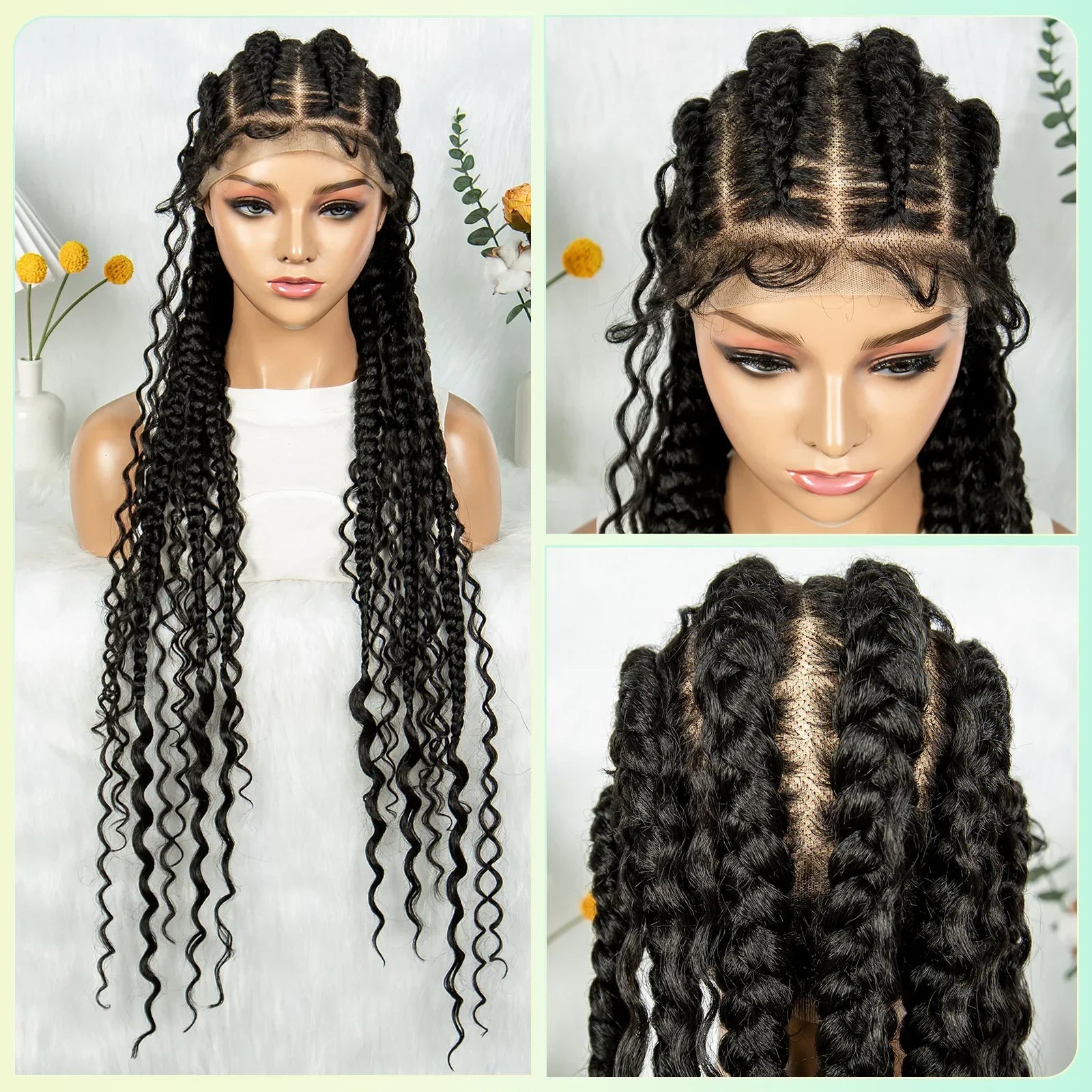 32" Ghana Cornrow Boho Braids Wig | Full Lace Knotless with Curly Inset