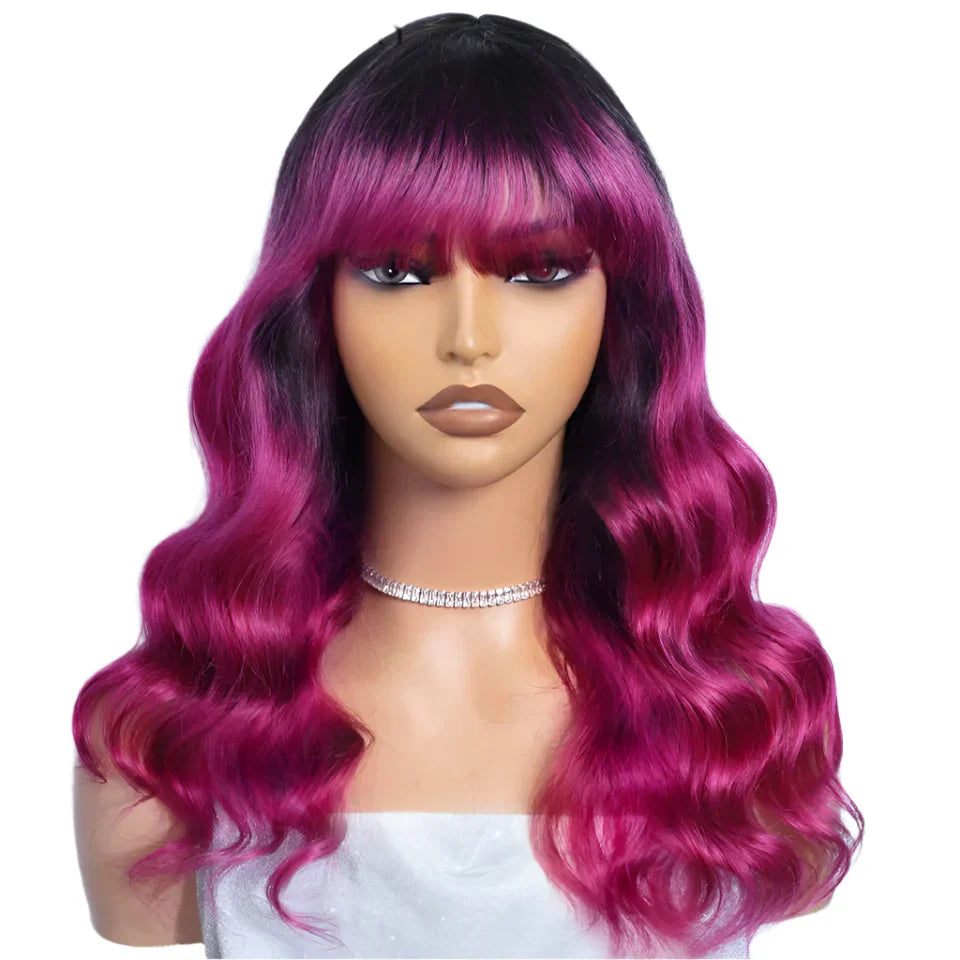 22" Body Wave Wig with Bangs | Full Machine Made Brazilian Virgin Remy Human Hair