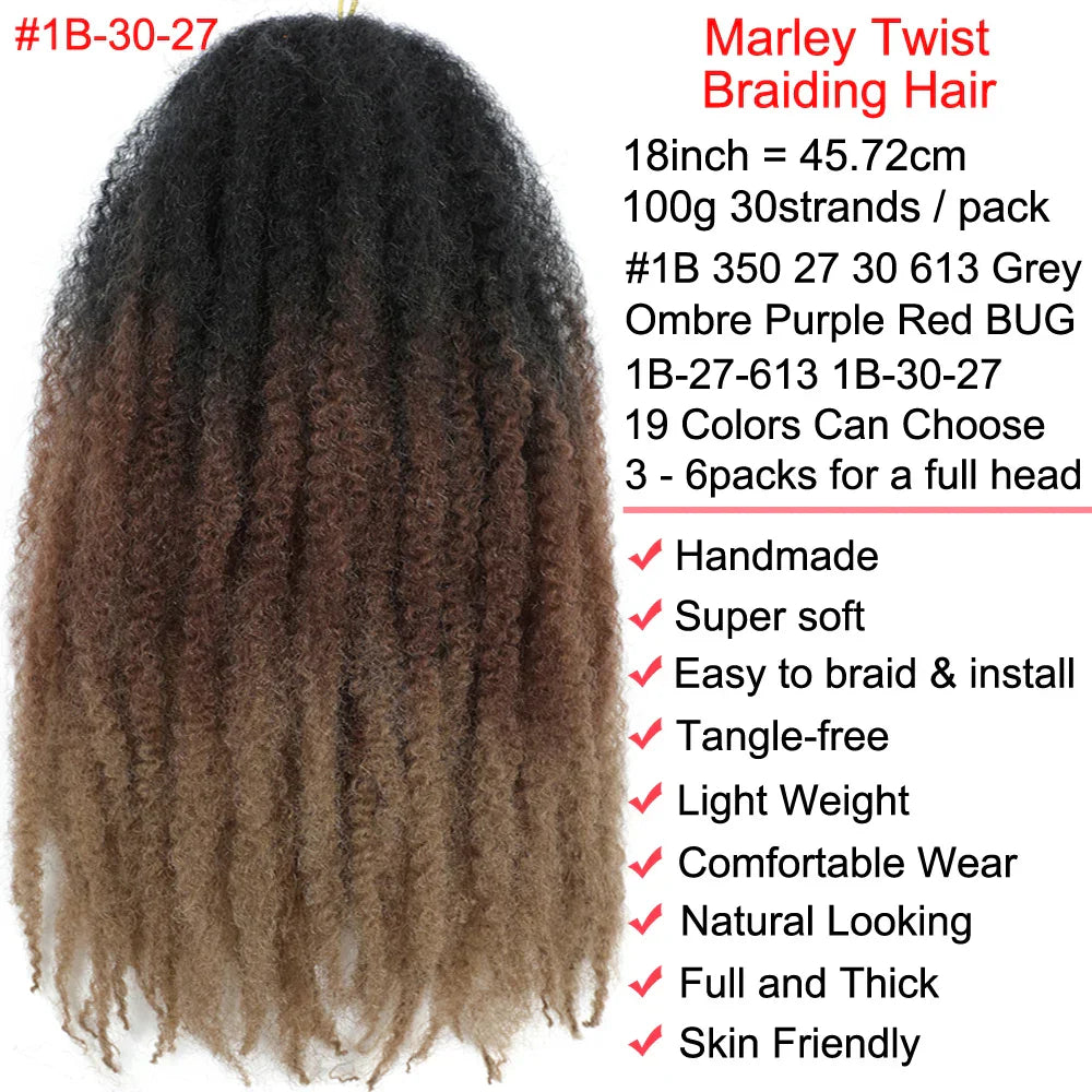 18" Marley Twist Braiding Hair | Crochet Braids | Afro Twist Kinky Hair Extensions | Ombre Colors | 30 Strands/Pack