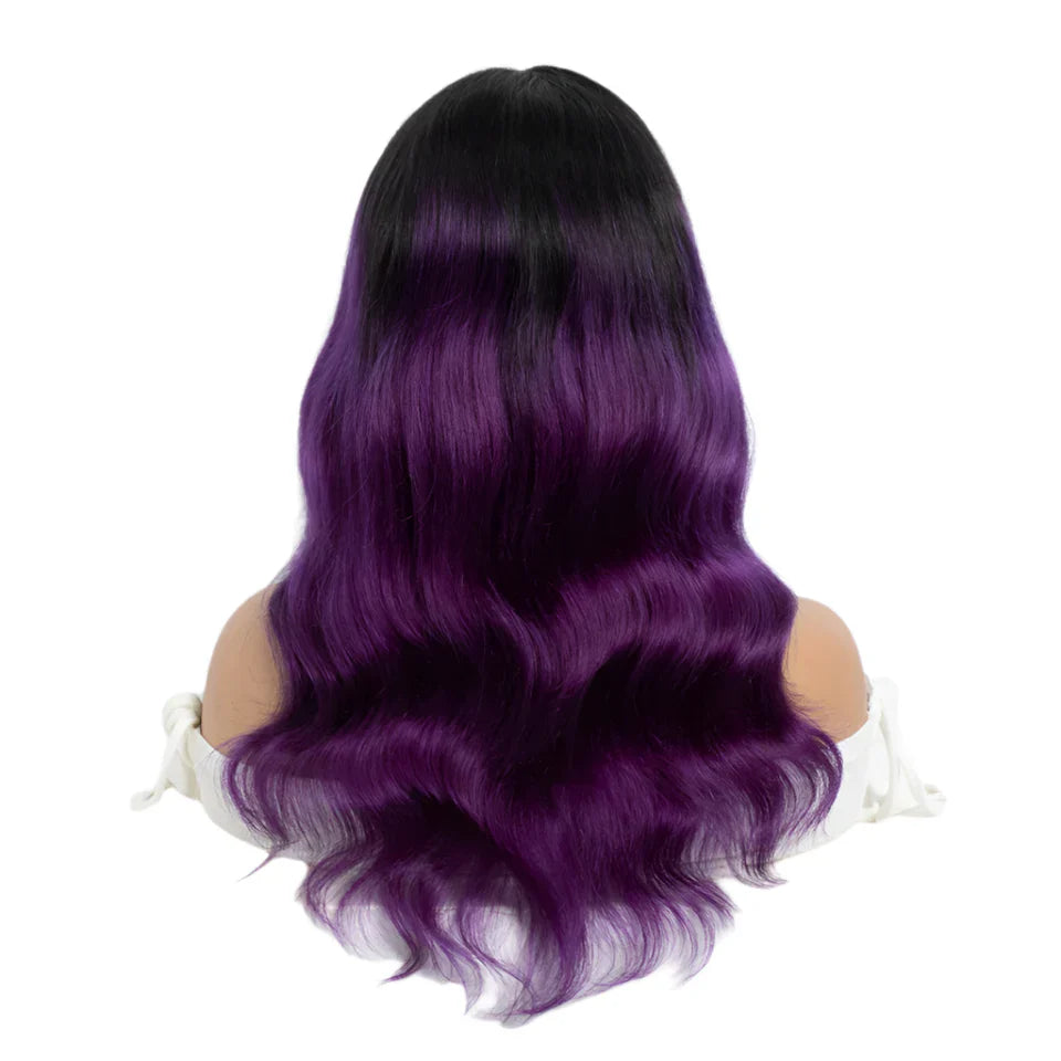 22" T1B/Purple Body Wave Wig with Bangs | "Put On & Go" Full Machine Made Human Hair