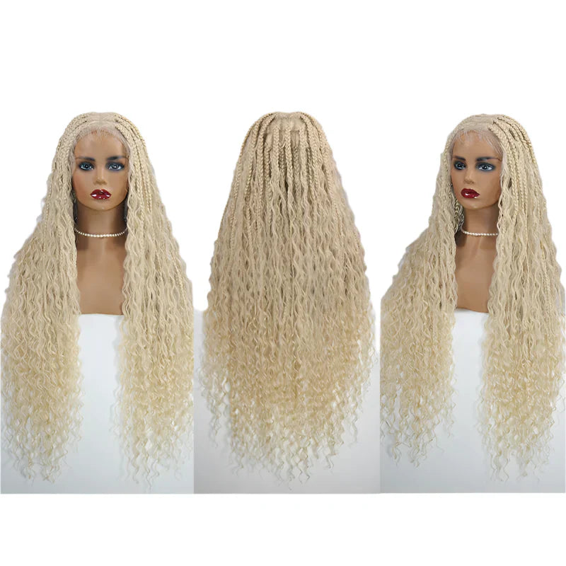 32" 613 Blonde Boho Box Braids Wig | Full Lace Front Knotless Cornrows & Curls | Synthetic Braided Wig for Women