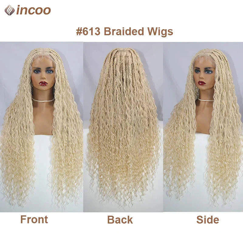 613 Blonde Boho Box Braids Wig | Curly Ends | Full Lace Front | Knotless Goddess Locs | Synthetic Braids