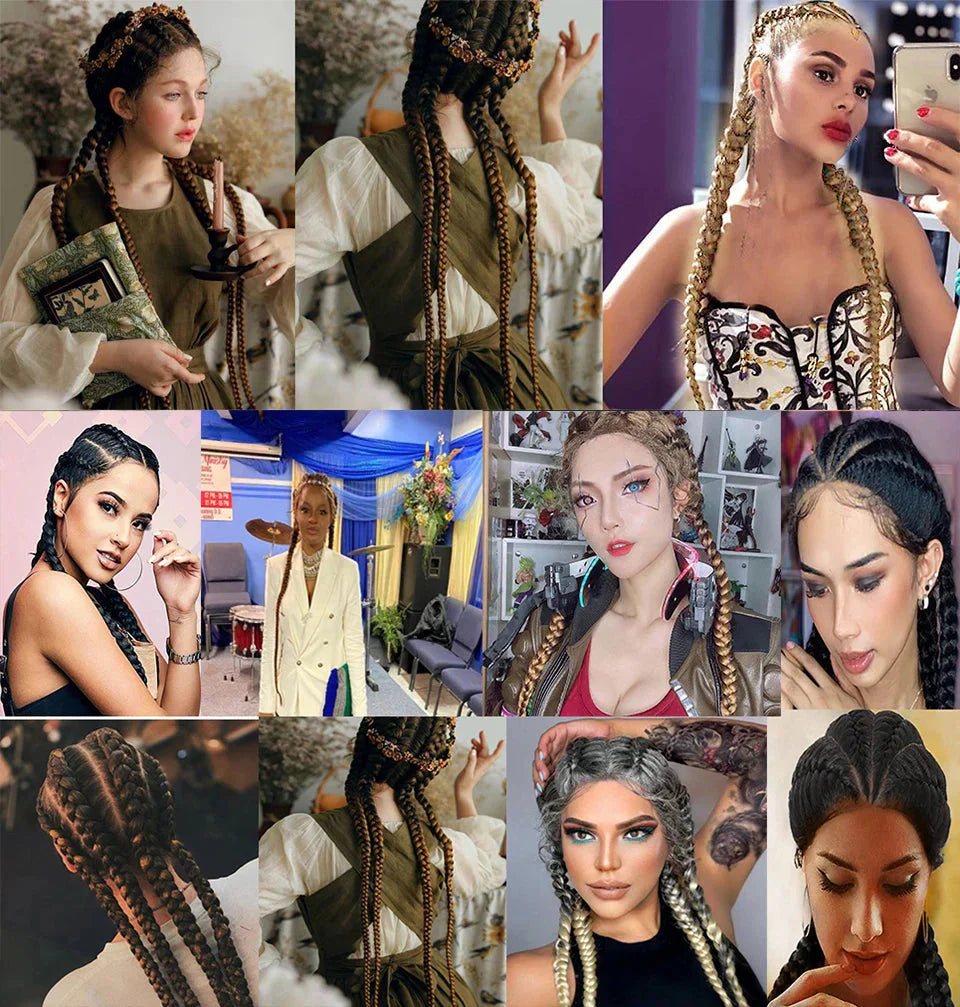 32" Hand-Made Knotless Box Braided Lace Front Wig | French Braid | Baby Hair | Glueless Synthetic Wig