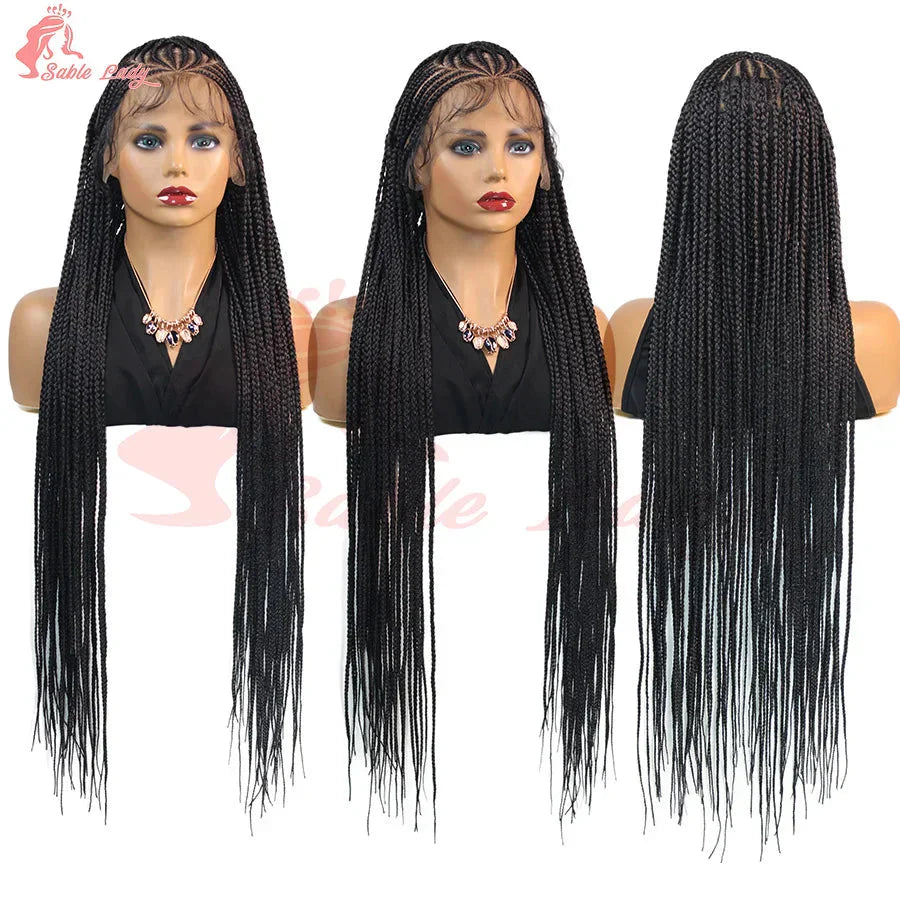 36" Knotless Box Braids Wig | Fulani Cornrows | 360 Full Lace | Baby Hair | Black Women