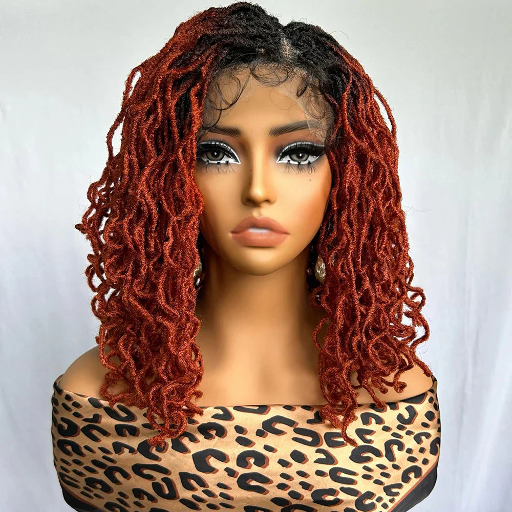 14" Copper Red Faux Locs Lace Front Wig | Short Twist Dreadlocks | Synthetic Braided Wig