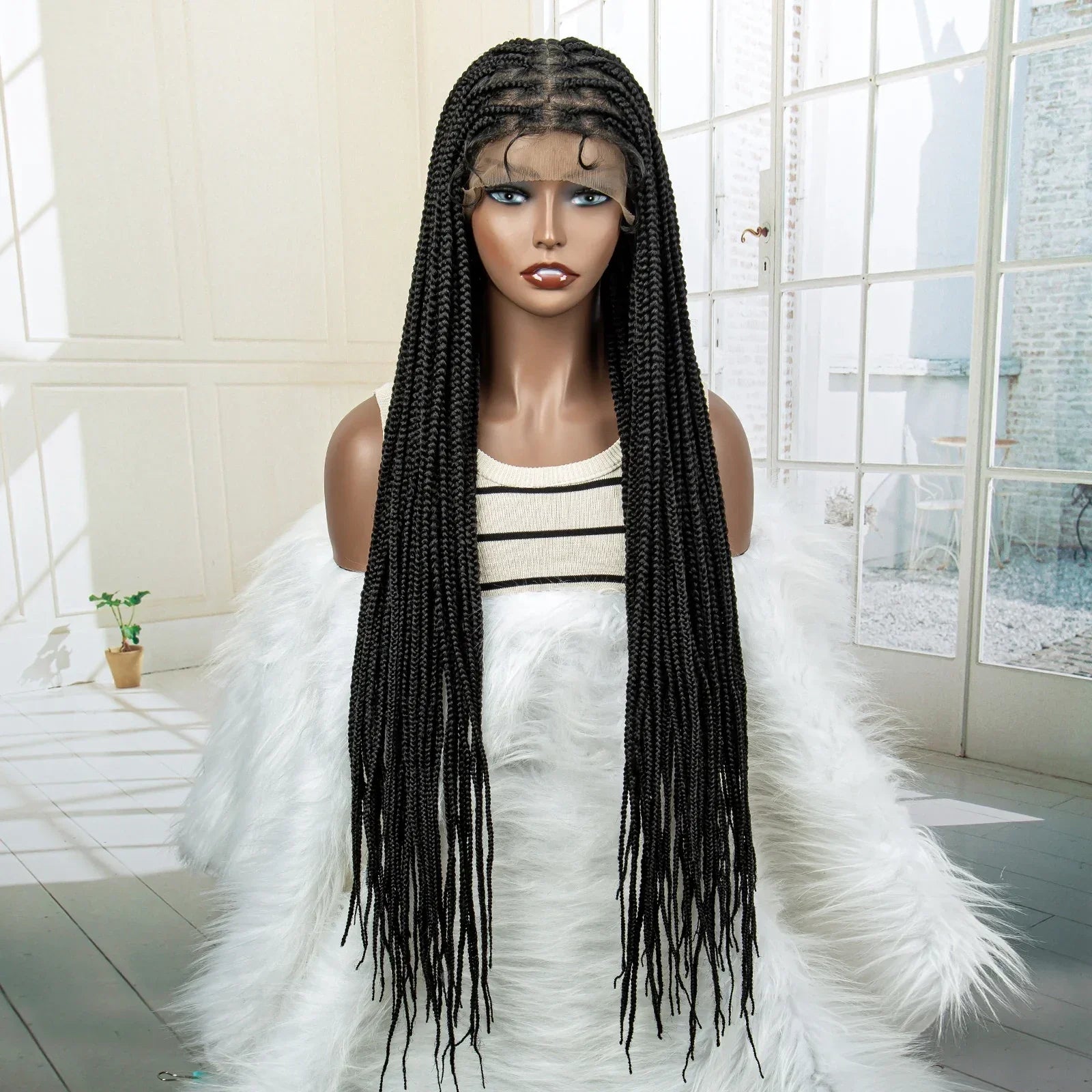 36" Long Knotless Braided Wig - Full Lace, Cornrow Accents, Baby Hair - For Black Women