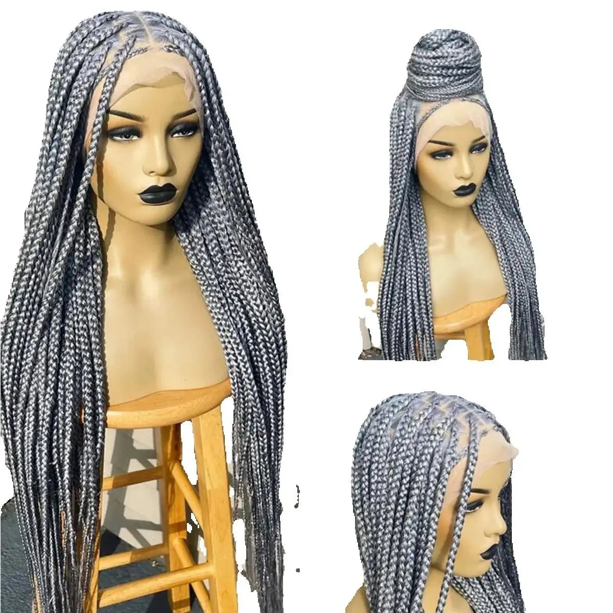 28" Platinum Grey Box Braided Wig | Full Lace | Kanekalon Synthetic Hair | Choose Lace Color