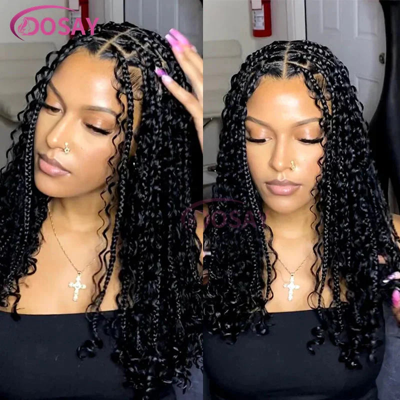 12" Curly Boho Braids Bob Wig | 360 Full Lace | Knotless Box Braids | Baby Hair
