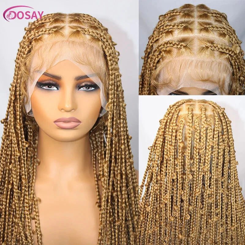 36" Butterfly Braided Full Lace Wig | Honey Blonde & Burgundy Goddess Locs | Synthetic Box Braids | Transparent Lace