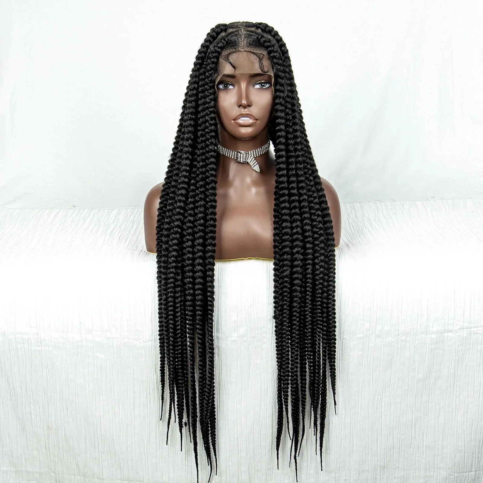 34" Jumbo Box Braids Wig | Full Lace | Cornrow Accents | Natural Color | Kanekalon