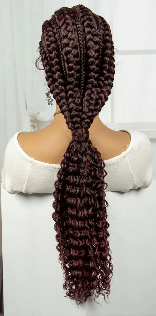 28" Burgundy Knotless Braids Wig with Curly Ends | Lace Front | Baby Hair