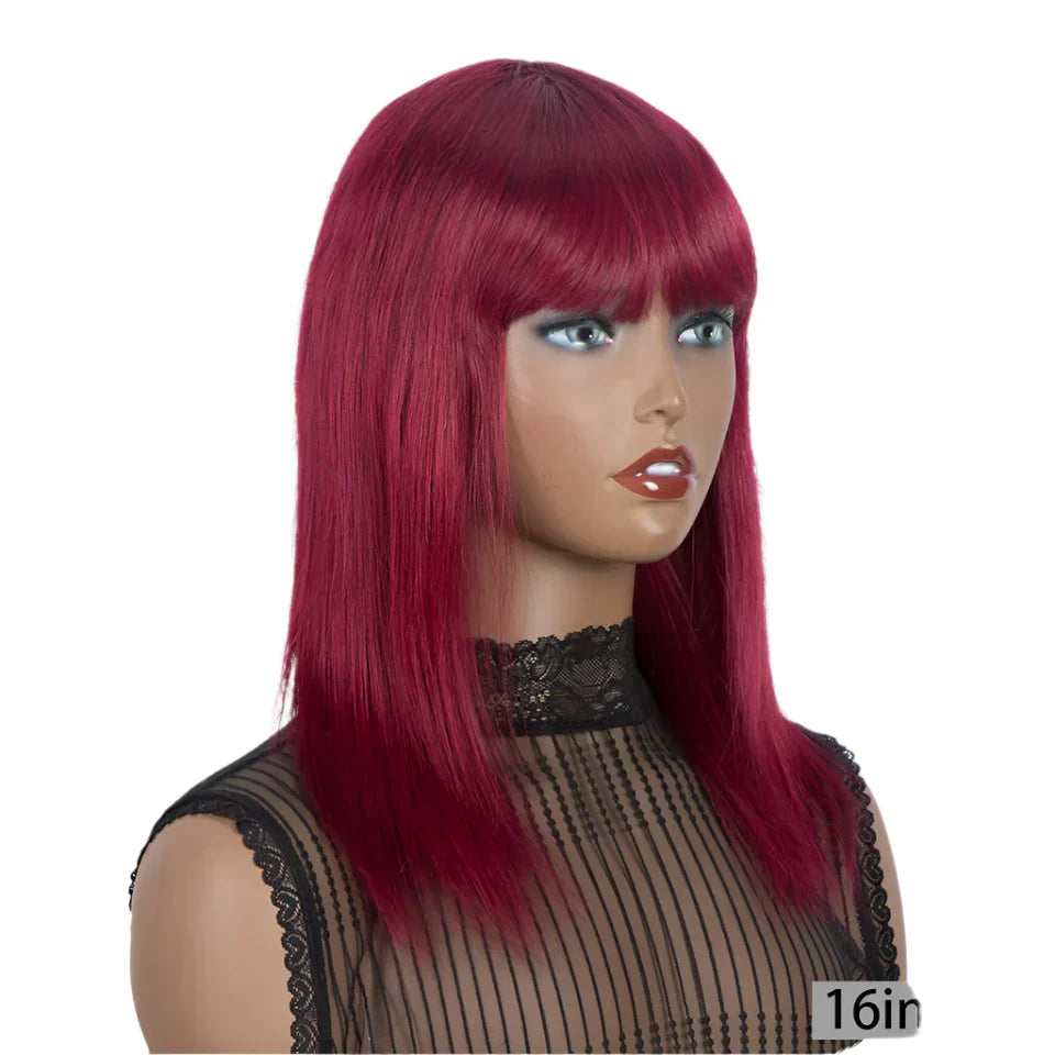 99J Wine Red Straight Bob Wig with Bangs | Full Machine Made Brazilian Remy Human Hair