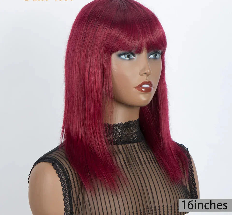 99J Burgundy Short Straight Bob Wig with Bangs | Full Machine Made Human Hair