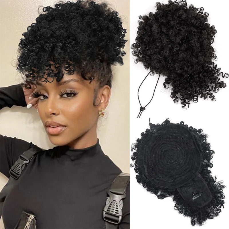 Afro Puff Kinky Curly Drawstring Ponytail Extension with Bangs | Synthetic Updo Hairpiece for Black Women | 12 Inch
