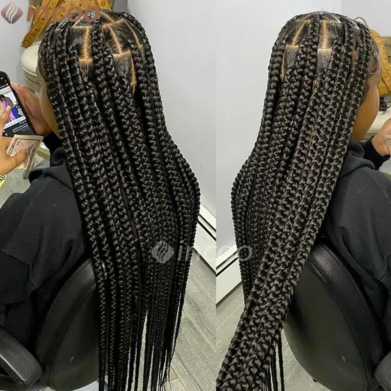 36" Large Square Knotless Box Braids Wig | Full Double Lace | Baby Hair | Kanekalon