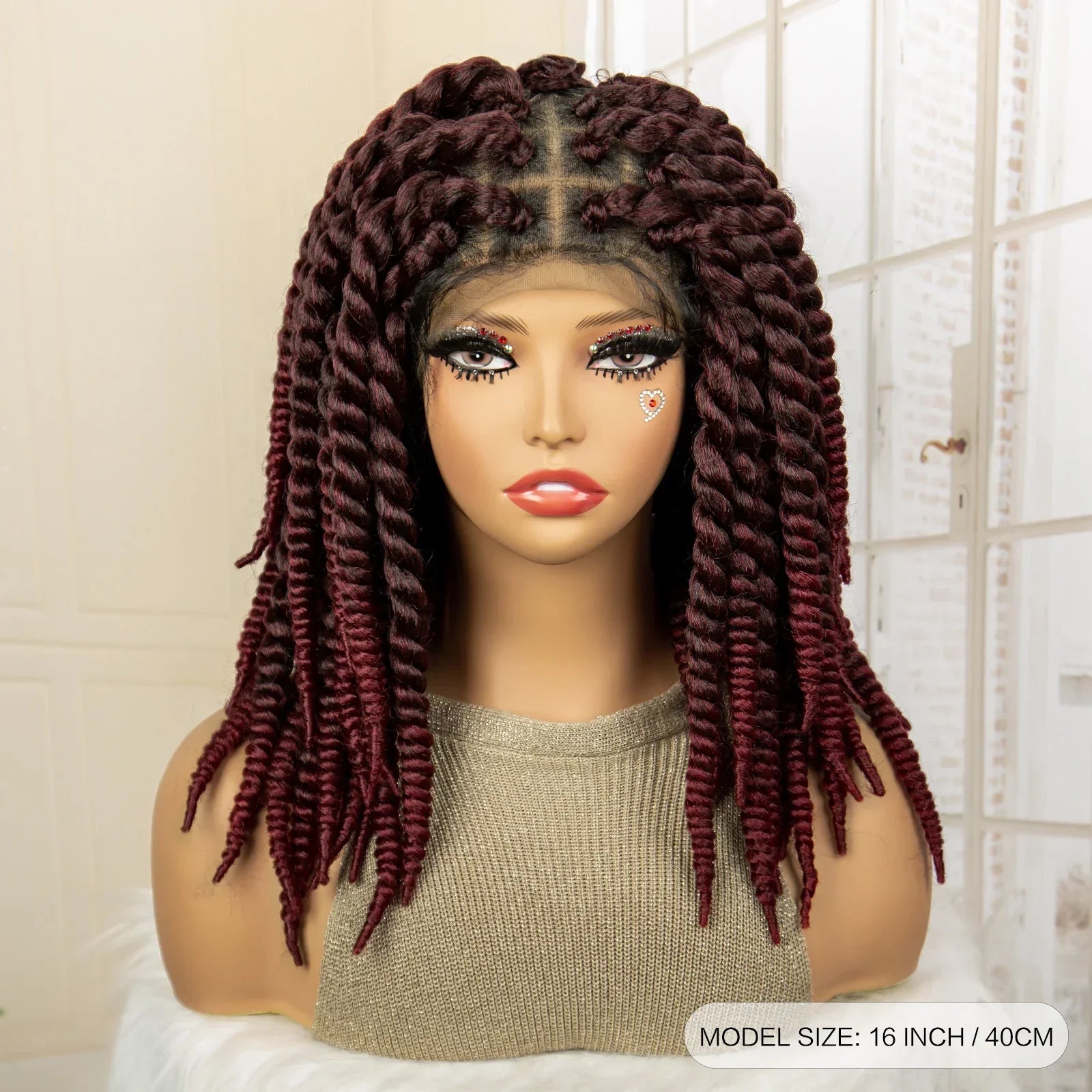 16 Inch Brown Twisted Braided Bob Wig | Full Lace | Kanekalon Fiber | For Black Women