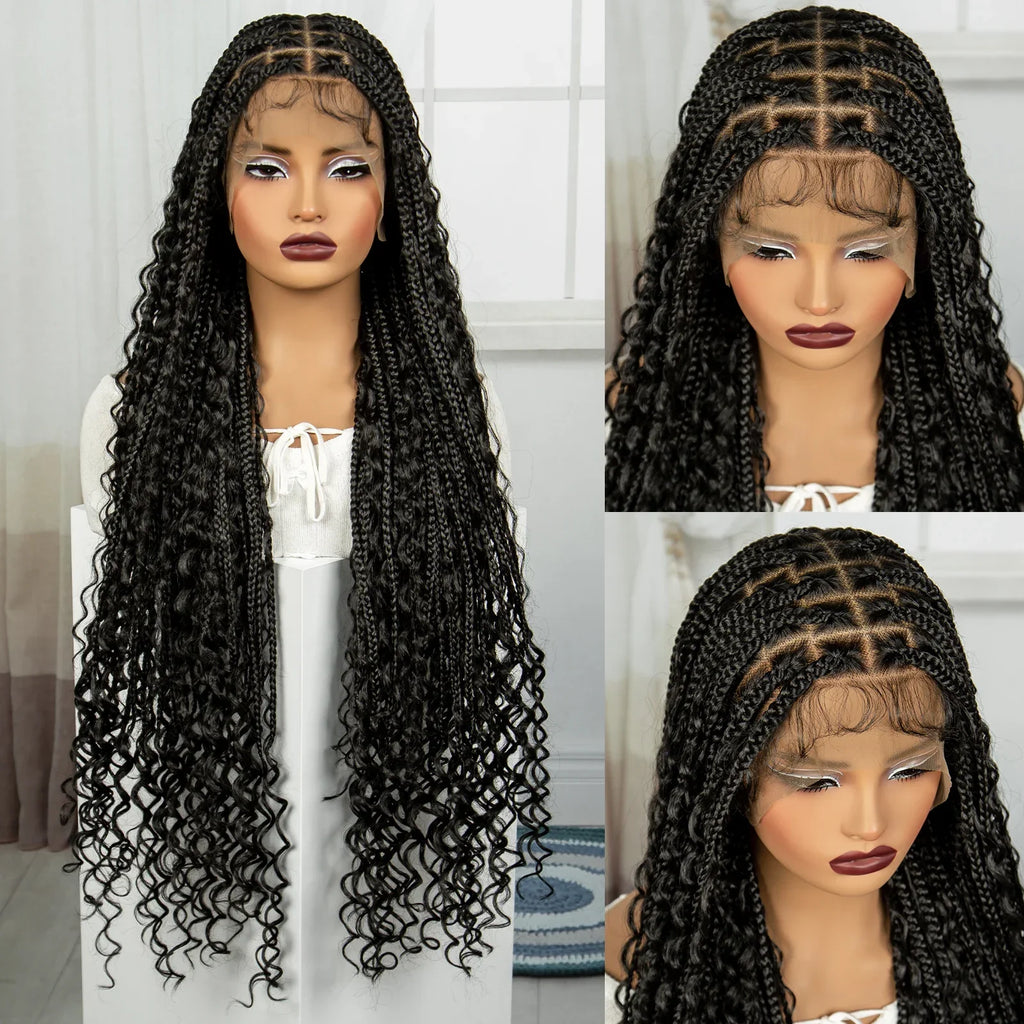 36" Long Boho Knotless Braids Wig | Curly Ends | Full Lace | Baby Hair