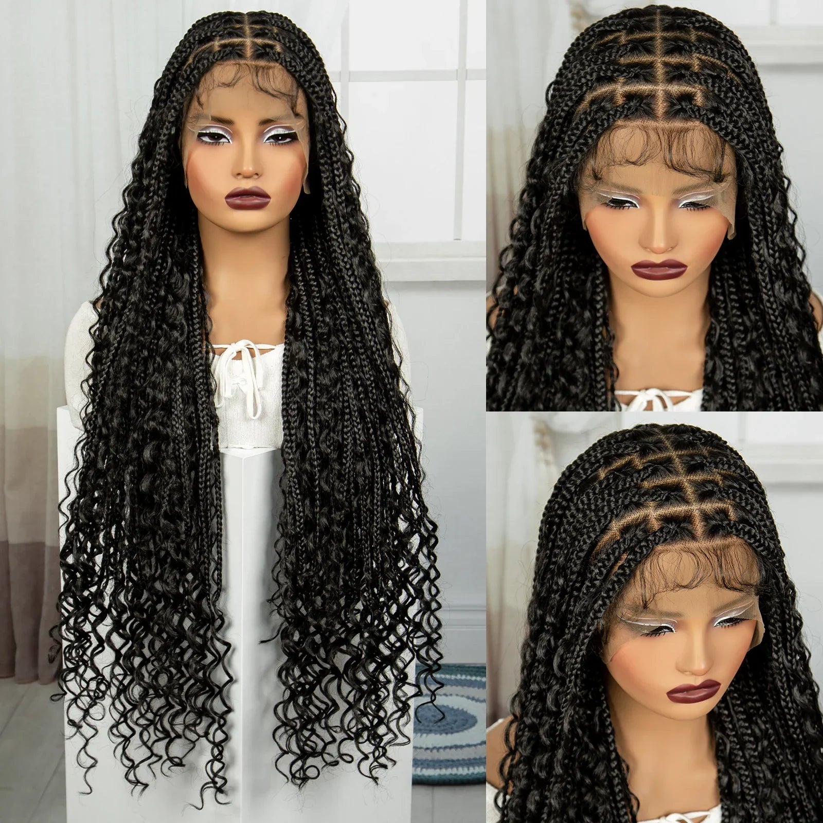 36" Long Boho Knotless Braids Wig | Curly Ends | Full Lace | Baby Hair