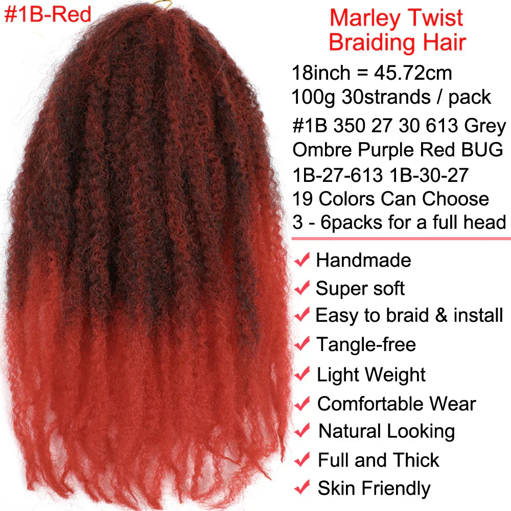 18" Marley Twist Braiding Hair | Crochet Braids | Afro Twist Kinky Hair Extensions | Ombre Colors | 30 Strands/Pack
