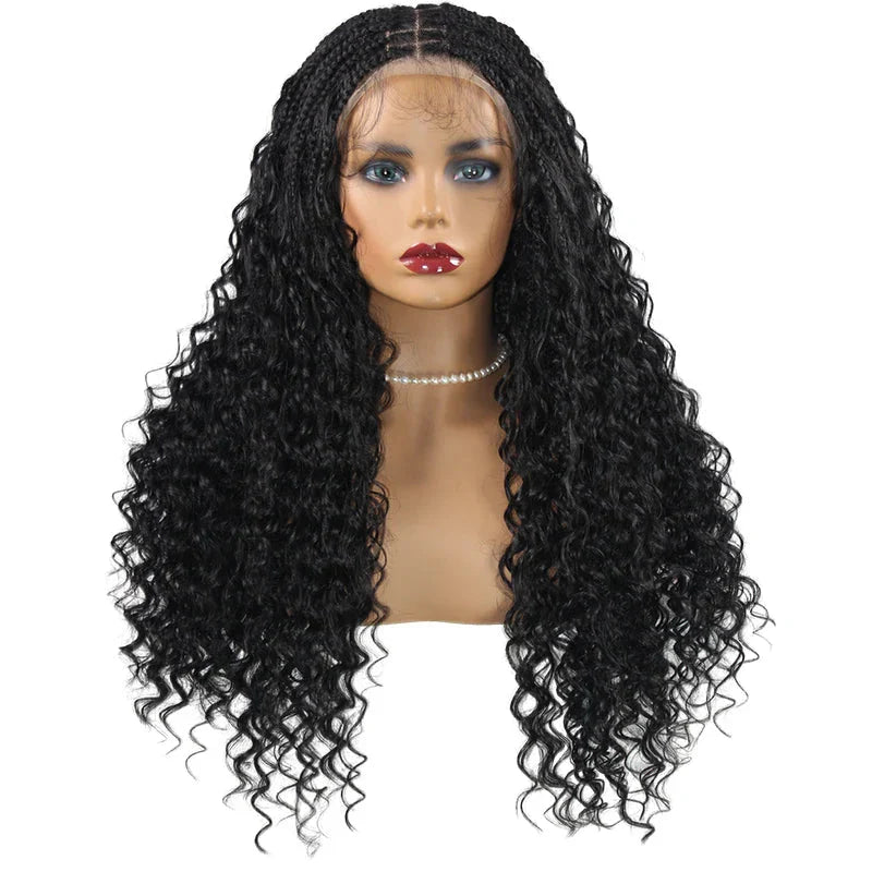 24" Boho Box Braids Lace Frontal Wig | Deep Wave Goddess Braids | Curly Ends | Black Full Lace Synthetic Wig