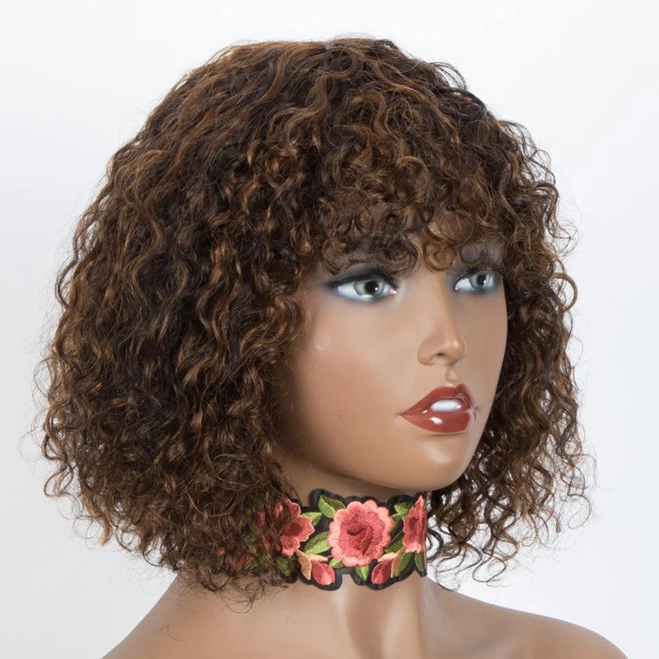 150% Density Ombre Honey Blonde Curly Bob Wig | Glueless Human Hair with Bangs