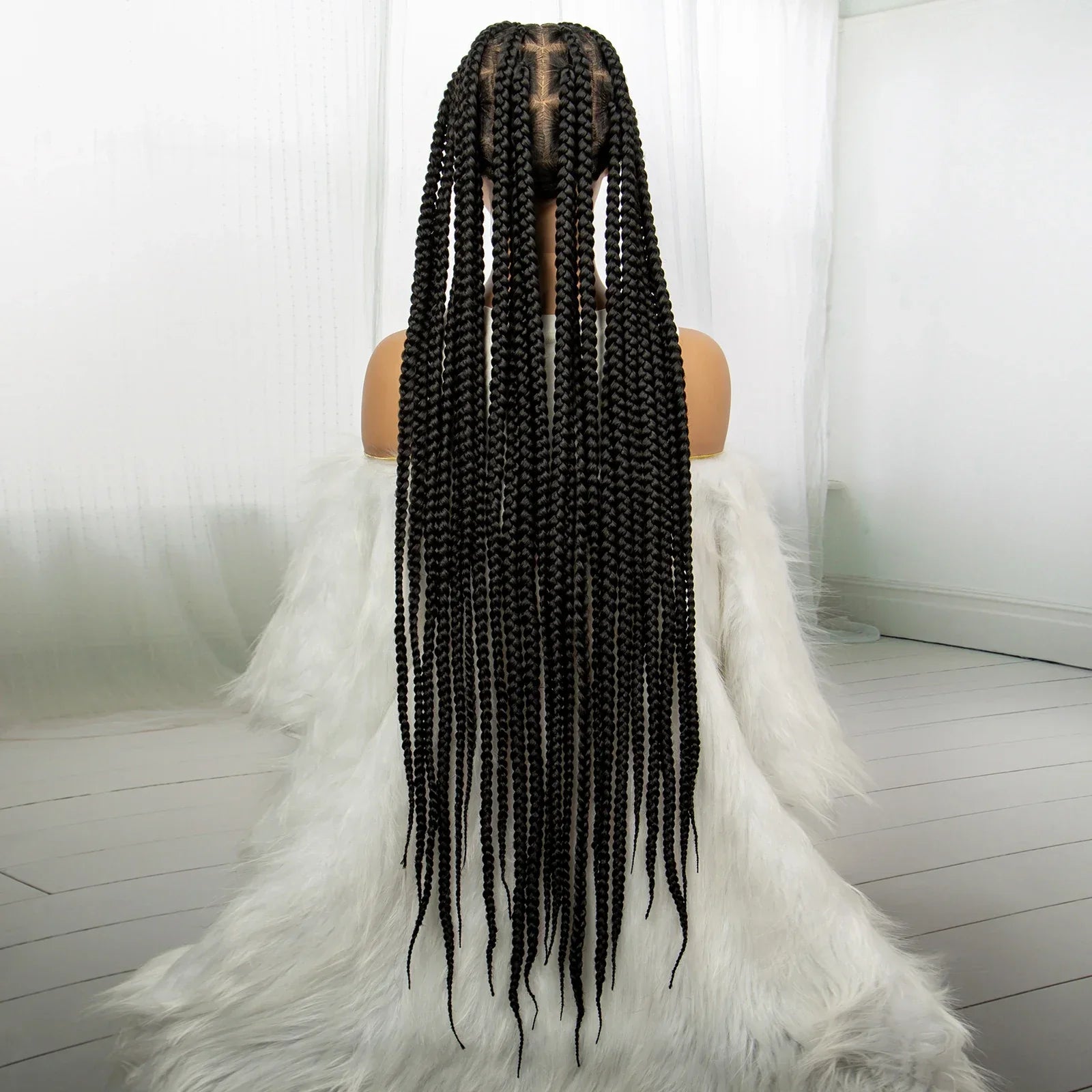 34" Knotless Box Braids Full Lace Wig | Long Black Synthetic Braids | Transparent Lace