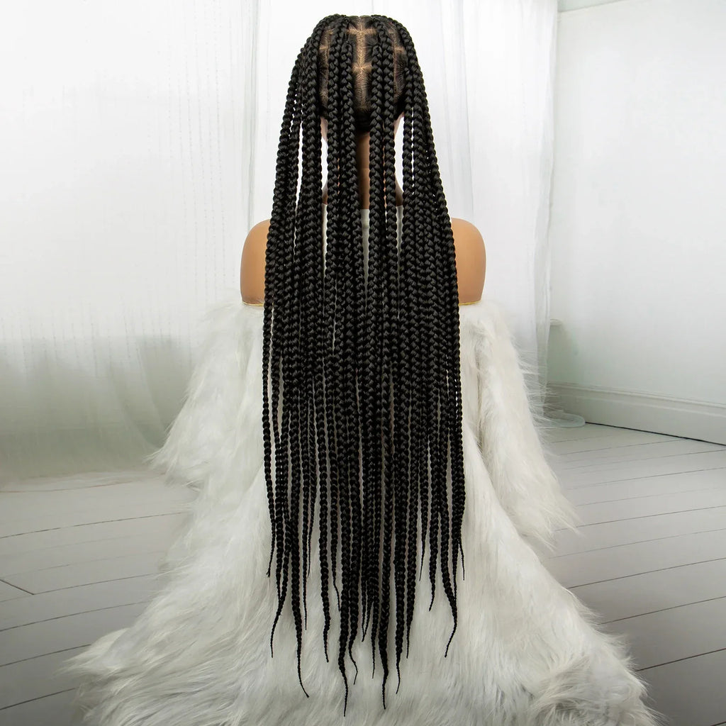 34" Knotless Box Braids Full Lace Wig | Transparent Lace | Long Black Synthetic Braids | Black Women